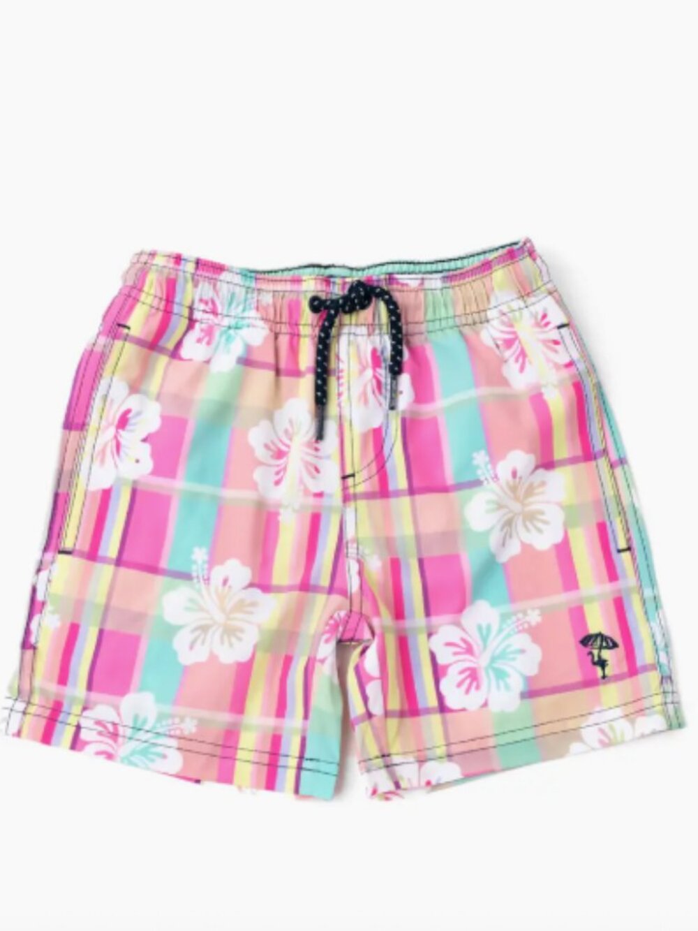 Kids Hibiscus Plaid UPF 50+ Swim Shorts Pink Aqua Tropical